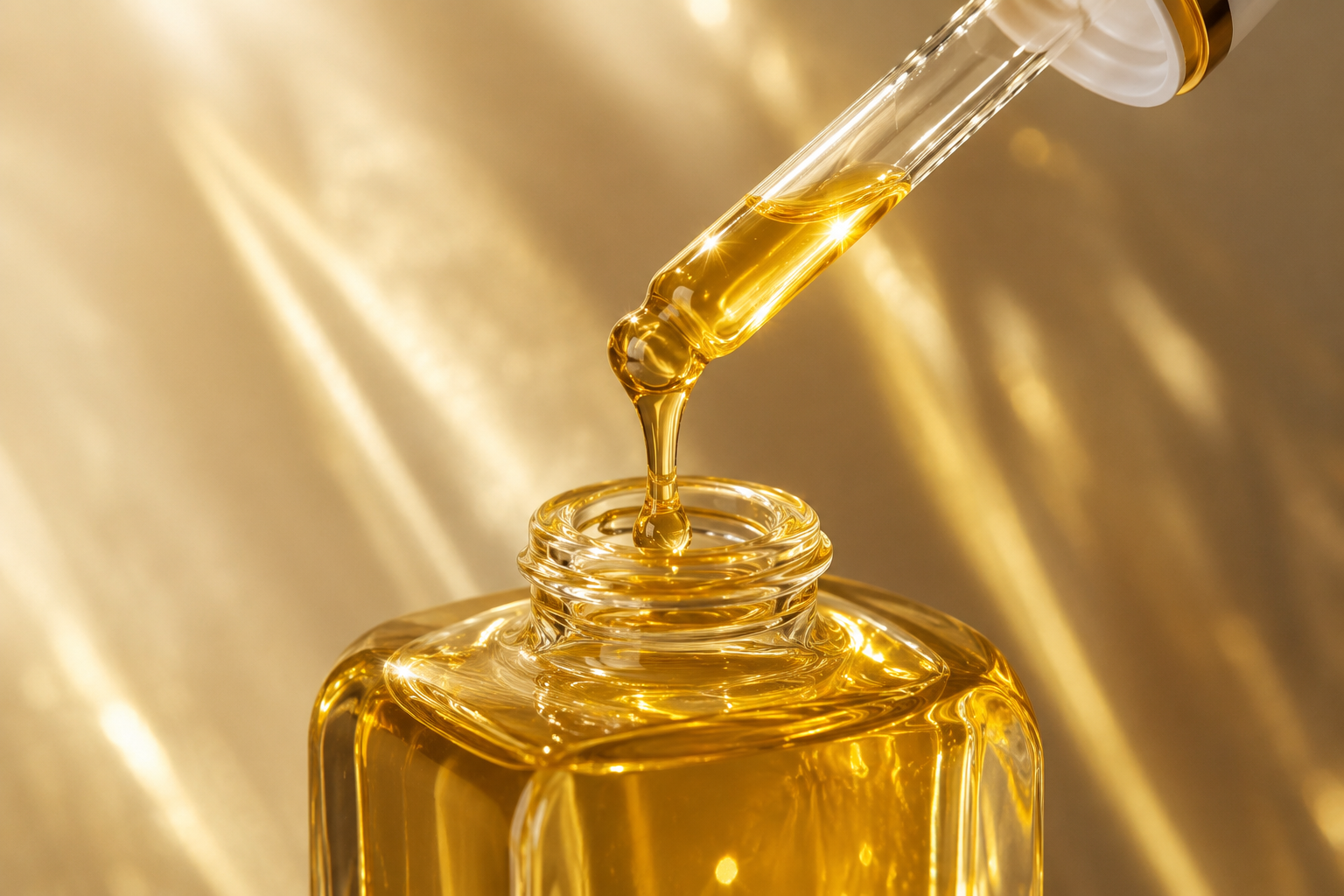 Goldener Öltropfen an einer Glaspipette über einer Glasflasche — treats yourself